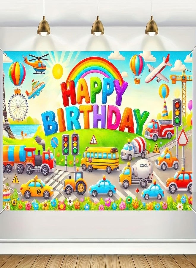 BlissYard Happy Birthday Backdrop Colorful Cartoon Cute Car Happy Birthday Backdrop Boys Birthday Party Decorations Photography Supplies 70x 43Inch - Image 1